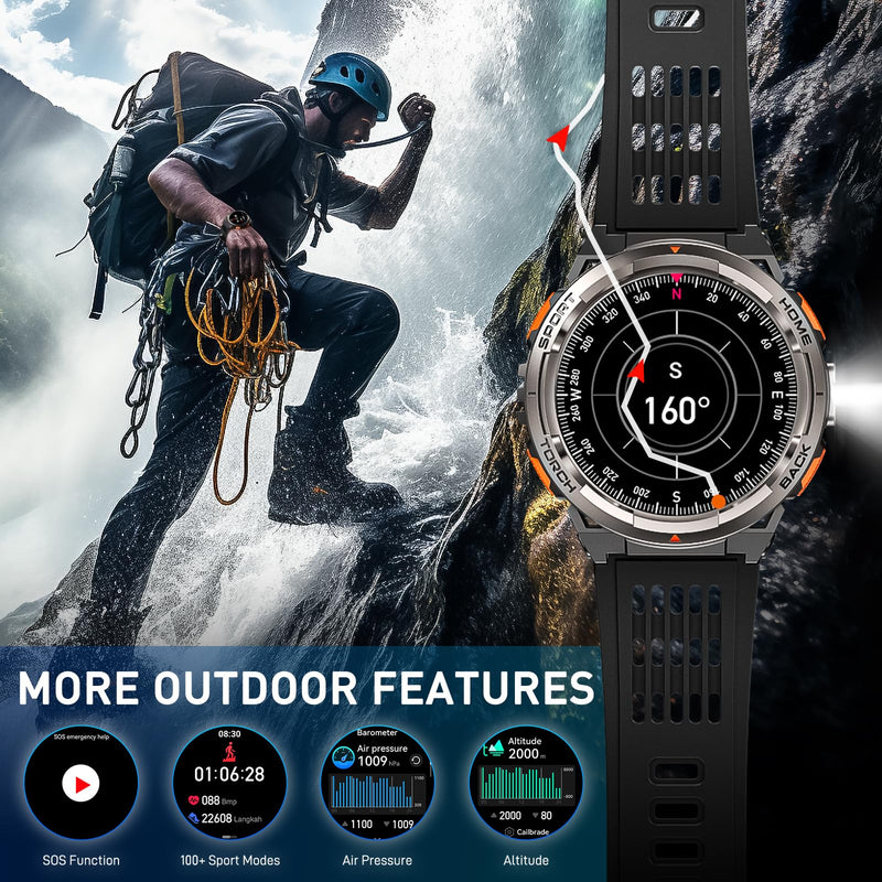 Military Smart Watches for Men with LED Flashlight, Tactical Rugged Smart Watch with 1.45" HD, 3ATM Waterproof & Compass, Sports Fitness Tracker with Heart rate/SPO2/Sleep Monitor KE5-Grey Button