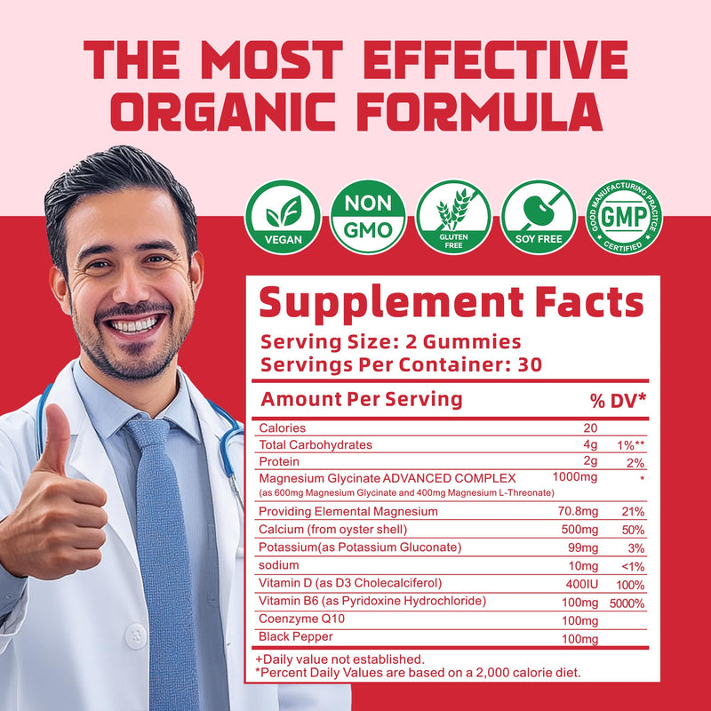 Magnesium Glycinate Gummies 1000mg - Sugar Free Magnesium Potassium Supplement with Vitamin D, B6, CoQ10 for Calm Mood & Sleep Support - 60 Strawberry Gummies 60 Count (Pack of 1)