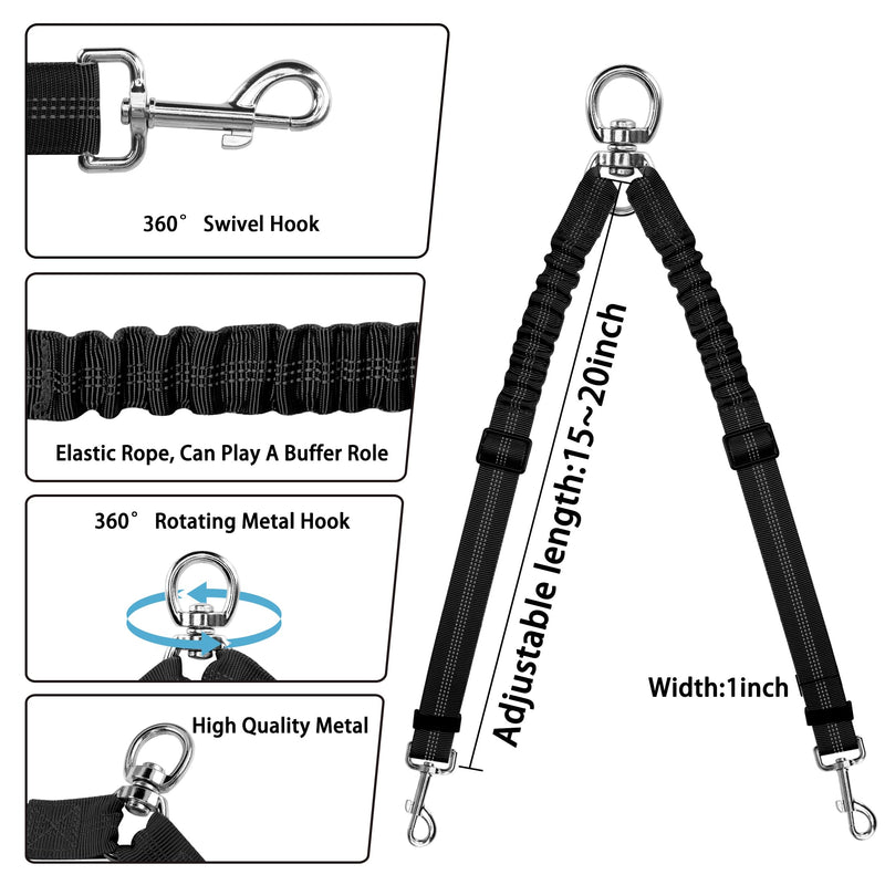 YAODHAOD Double Dog Leash,Two Dog Leash Splitter, No Tangle 360° Swivel Rotation Reflective Lead, Adjustable Length Bungee Heavy Duty Walking Training Dual Dog Leash Extension (Black) Black - BeesActive Australia