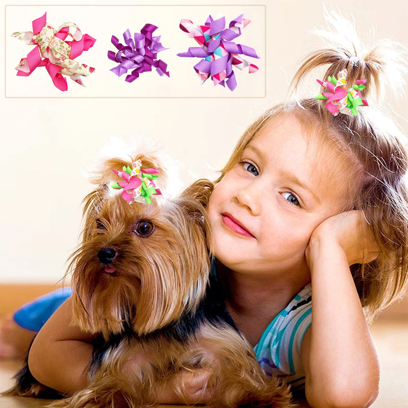 PET SHOW 10pairs Small Dogs Hair Bows with Rubber Bands Curly Yorkie Topknot Cat Puppies Hair Accessories Bowknot Grooming Supplies Flower Floral Style Set A-Floral - BeesActive Australia