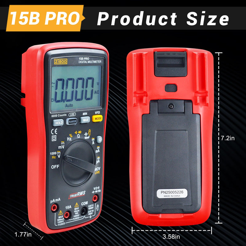 ZIBOO 15B PRO True RMS Digital Multimeter,for Electrical Applications, Measures AC/DC Voltage and Current Measurements up to 1000V and 10A,Compatible with FLUKE(Optional AC Pliers) - BeesActive Australia
