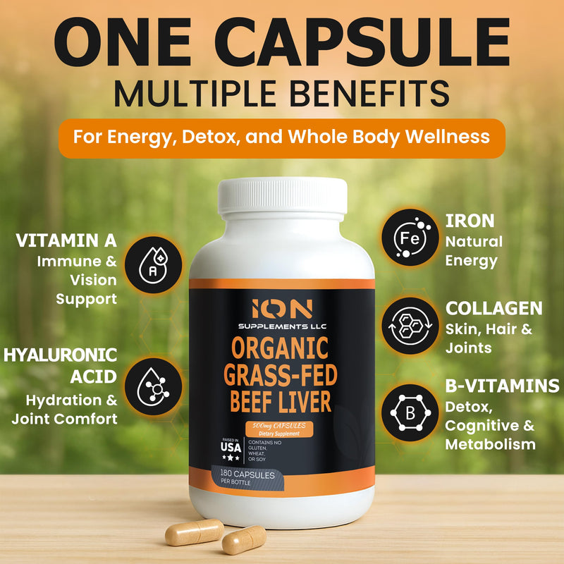 USDA Organic Grass Fed Beef Liver Capsules (180 Caps) - Pasture Raised - Iron, Vitamin A, B, Collagen - Promotes Energy, Detoxification, Whole Body Wellness - Ancestral Paleo Living - Ion Supplements
