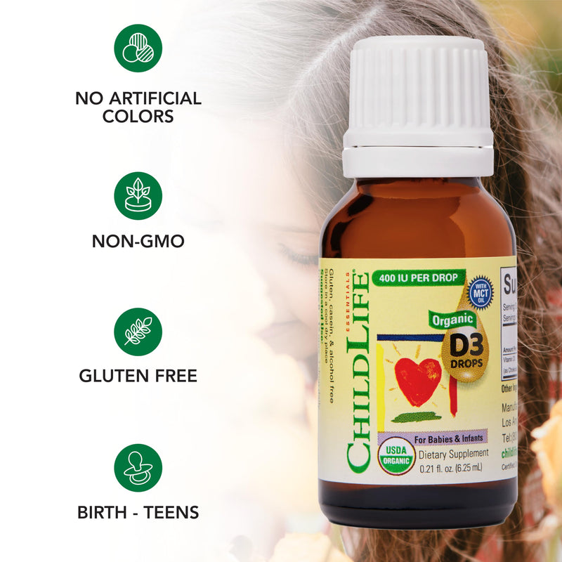 ChildLife Essentials Organic Infant Vitamin D3 Drops 0.21 Fl Oz (1 Pack) | Newborns, Baby Vitamin D Drops, 400 IU per Serving, Immune Teeth & Bone Health Support, USDA Organic, Flavorless 0.21 Fl Oz (Pack of 1)