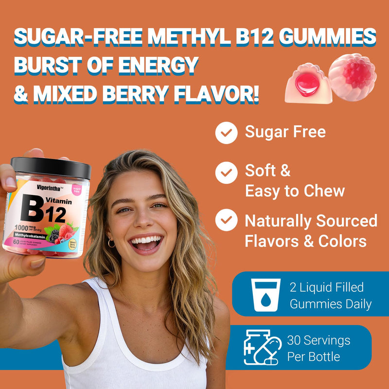 Methyl Vitamin B12 Gummies 1000mcg, Vitamin B12 Methylcobalamin Supplement for Energy & Metabolism, Sugar Free, Vegan, 60 Gummies.