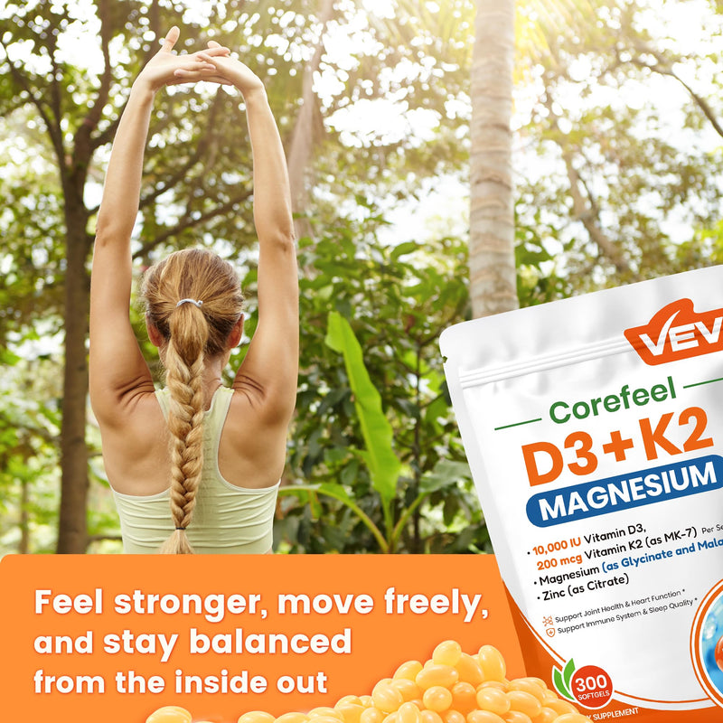 VEV Corefeel Vitamin D3 K2 10,000 IU Magnesium Supplement, 300 Softgels | Vitamin K2 as MK-7, Coconut Oil, Magnesium Glycinate & Malate, Zinc Citrate 300 Count (Pack of 1)