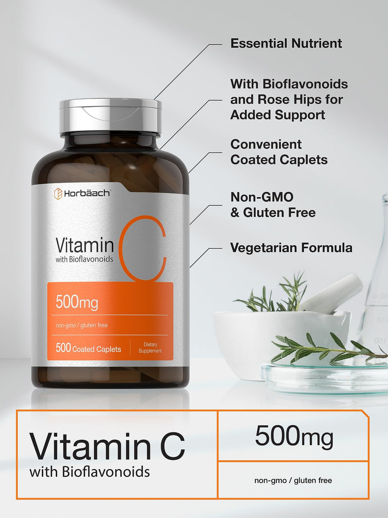 Horbäach Vitamin C 500mg | 500 Caplets | with Bioflavonoids and Rose Hips | Supplement for Women and Men | Vegetarian, Non-GMO, and Gluten Free