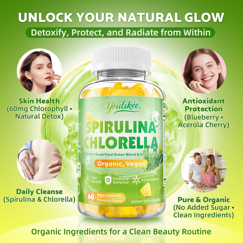 2 Pack Spirulina Chlorella Gummies, Supports Daily Energy & Immune System | Super Greens Blend with Protein, Chlorophyll, Vitamin C, D3, B12, Zinc, Pineapple Flavor, 120 Count 60 Count (Pack of 2)