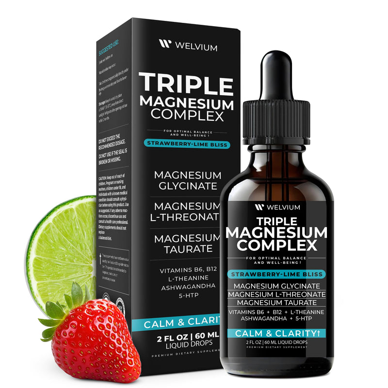 Triple Magnesium Complex Liquid Drops with Ashwagandha, L-Theanine, 5-HTP | Magnesium Glycinate Supplement, L-Threonate & Taurate, Ashwagandha, L-Theanine, 5-HTP, Vitamins B6, B12, Bromelain & Inositol