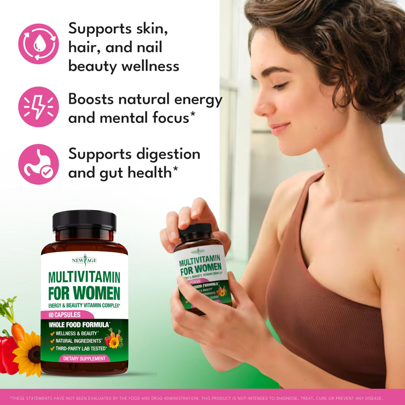 NEW AGE Multivitamin for Women - B-Complex, Whole Foods, Hair Support, Iron - All in1 Womens Multivitamin - Bioavailable & Gentle on Stomach - Made in USA - 60 Count 60 Count (Pack of 1)