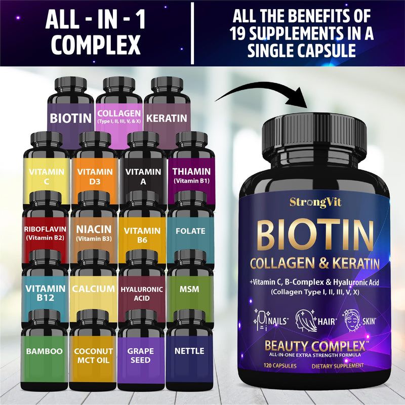 StrongVit Biotin with Hyaluronic Acid, Keratin and Collagen Supplements - 10000mcg for Hair Growth Women and Men - Hair Skin and Nails Vitamins - 120 Capsules 120 Count (Pack of 1)