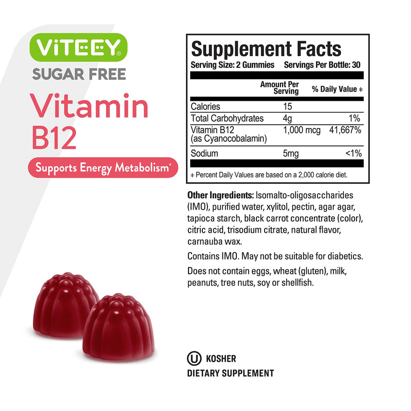 Viteey Vitamin B12 Gummies for Adults & Teens 1000mcg, Sugar Free | Good for Energy, Metabolism, Natural Energy Support -Vegan, Gelatin Free, Gluten Free, GMO Free -Chewable Strawberry Flavored 60 Count (Pack of 2)
