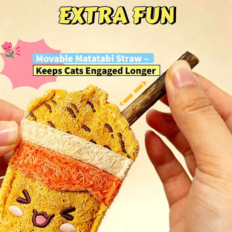 Natural Loofah Cat Chew Toy, Milk Tea Cup Shaped Catnip Silvervine Stick, Kitten Teething Chew Toy, Dental Care Interactive Toy, Safe Eco-Friendly Loofah Teething Toy for Indoor Cats Kittens, Brown