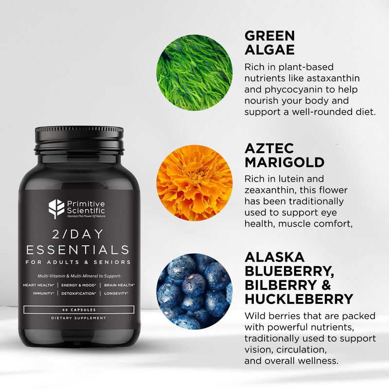Primitive Scientific Whole Food Daily Essential Multivitamins for Adults and Seniors - 2X a Day - Vitamin A, C, D, E, B12 and Minerals - Natural and Holistic Support (60 Capsules)