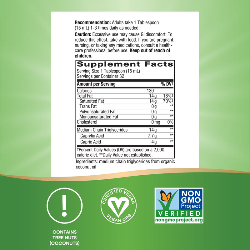 Nature's Way Organic MCT Oil, 16 Fl Oz, Brain and Body Fuel from Coconuts*, C8 Caprylic Acid and C10 Capric Acid, Keto and Paleo Certified, Organic, Non-GMO Project Verified (Packaging May Vary)