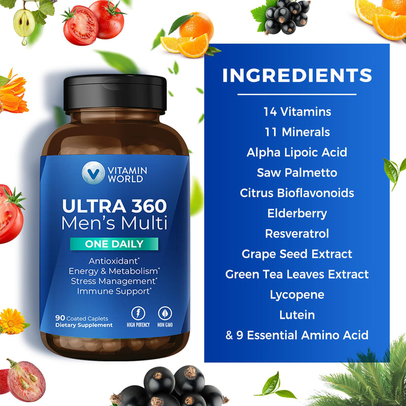 Vitamin World Ultra 360 Multivitamin for Men One Daily, Antioxidant Support | Men's Multivitamin with Minerals & Herbs, Vitamin A, C, D, E & Zinc for Energy & Immune Support, 90 Caplets