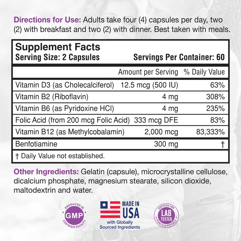Nerve Support Formula Supplement - Nutritional Support for Neuropathy Pain Relief for Feet & Hands, Advanced B Complex with Benfotiamine, Vitamin B1, Methyl B12, Folic Acid & D3 – 120 Capsules