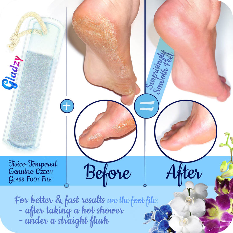 Genuine Czech Glass Nail File Set by GLADZY - Callus Remover Foot Rasp, Cuticle Pusher Manicure Stick, Double Sided Etched Different Grit Surface, Professional Nail Care Tool Kit, Made in EU All-in-one Set - BeesActive Australia