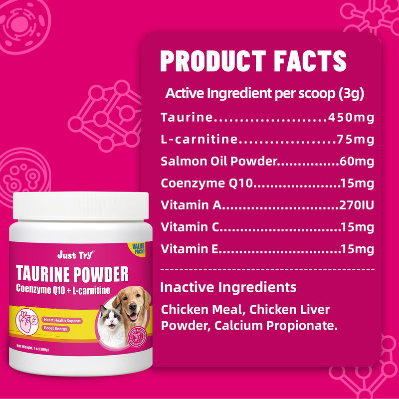 Just Try 7OZ Taurine Powder - Cat & Dog Heart Supplement with Taurine & CoQ10 - Support Heart, Vision and Immune System health