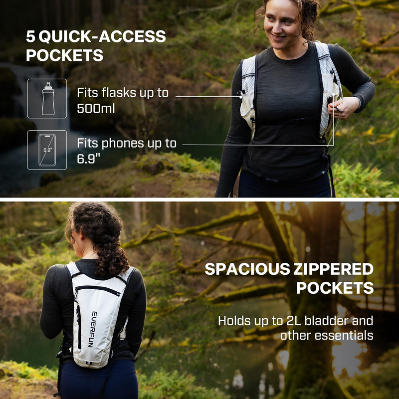 EVERFUN Hydration Backpack Running Vest Small Hiking Water Backpack with 1.5L Water Bladder for Women Men, Lightweight Reflective Dayhike Hydro Pack for Trail Running, Biking, Race, Marathons Black
