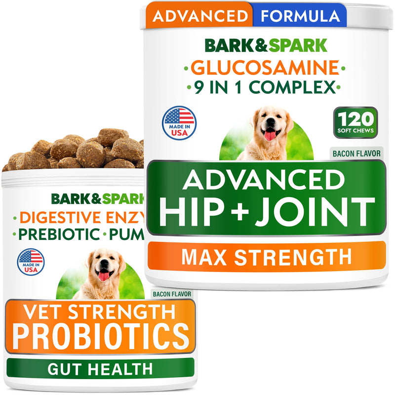 Advanced Glucosamine Chondroitin + Vet Strength Dog Probiotics for Digestive Health - Hip Joint Pain Relief - Digestive Enzymes & Gas, Diarrhea, Constipation Relief Supplement - Made in USA