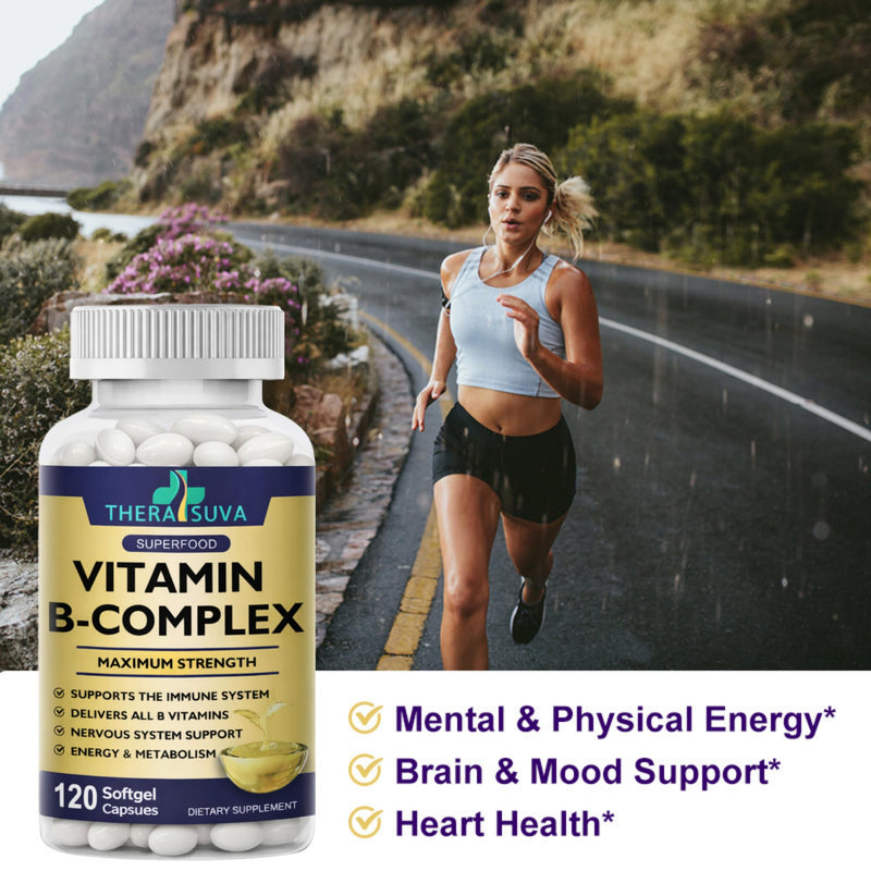 TheraSuva Vitamin B-Complex + CoQ10 + Vitamin C - Max Strength Supplement for Energy, Metabolism Support, 2 Month Supply, 120 Softgels