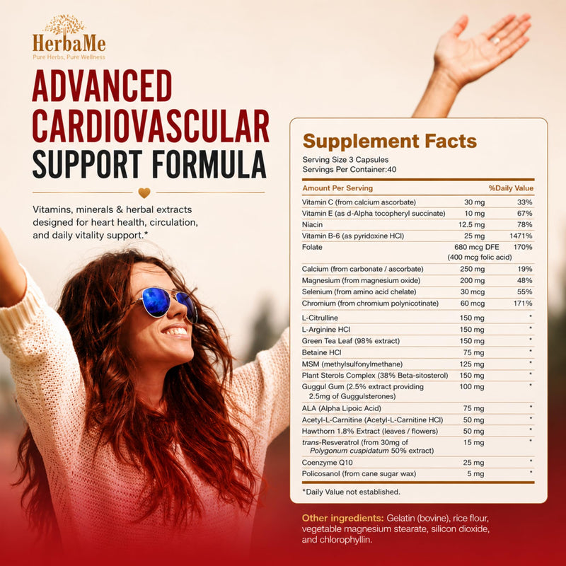 HerbaMe Heart Health Supplement for Circulation & Blood Flow Support | L-Arginine, L-Citrulline, Hawthorn & CoQ10 for Vascular Function, Cardiovascular Wellness & Daily Vitality, 120 Capsules