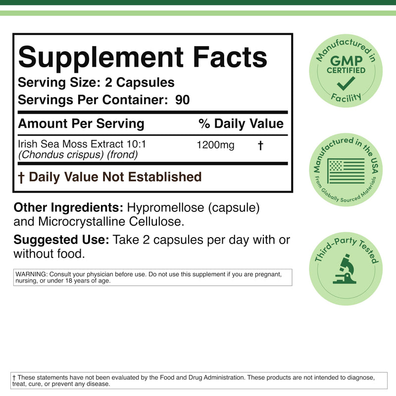 Irish Sea Moss 1,200mg, Thyroid, Immune + Gut Support, Iodine, 180 Capsules | Thyroid, Immune + Gut Supplement, Rich in Iodine + 90+ Trace Minerals, No Bladderwrack or Burdock, 3-Month Supply, Non-GMO