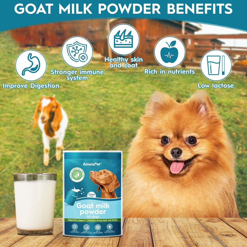 AmeizPet 100% Natural Goats Milk Powder For Dogs, Powder To Create Delicious Goat Milk, Perfect for Hydration, Nutrient Rich Sensitive Tummy Dog Food Topper, 100g (3.5 Oz.) Goat milk powder 100 g (Pack of 1)