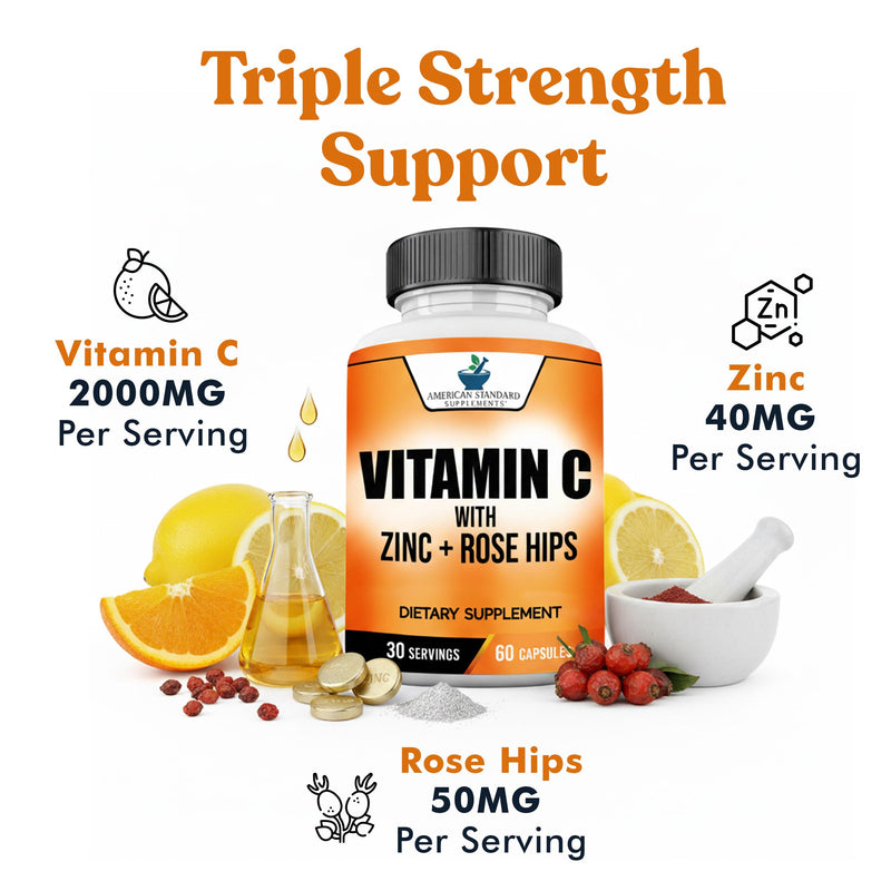 American Standard Supplements Vitamin C 2000mg, Zinc 40mg, and Rose HIPS 50mg Per Serving – Vegan, Gluten Free, Non-GMO (60 Count) 60 Count