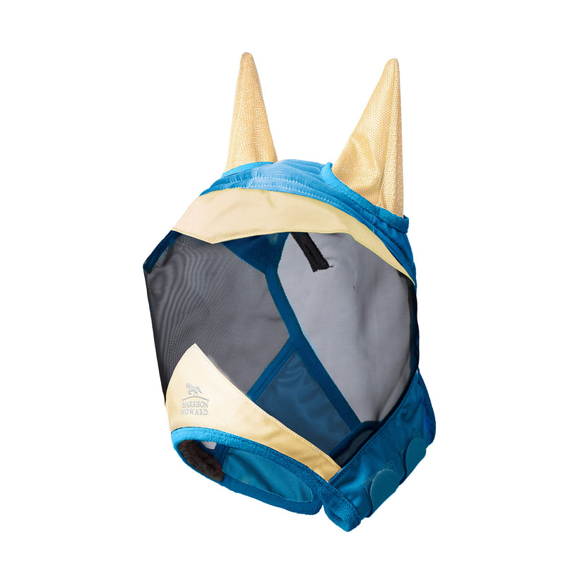 Harrison Howard Luxe Dual-Tone Horse Fly Mask Half Face with Ears Fully Visible UV-Blocking Fine Mesh Soft Fleece Edging for Extra Comfort Champagne Gold/Teal M Cob Cob (Medium) - BeesActive Australia