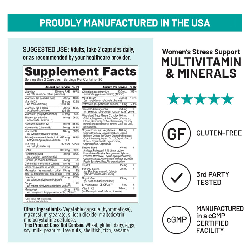NatureWise Multivitamin for Women + Stress Support with Organic Whole Foods & Natural Minerals-B-Complex+Vitamin C+D3 K2 for Immunity,Hair,Skin & Nails-Non-GMO-60 Capsules[30-Day Supply], (Pack of 2) 60 Count (Pack of 2) Probiotics