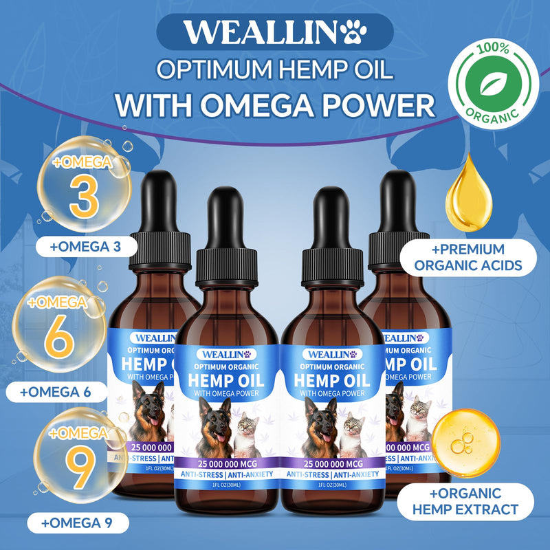 WEALLIN Hemp Oil for Dogs and Cats - Omega-3, 6, 9 Rich Organic Extract - Eases Pet Anxiety, Pain, Skin & Coat Health - Stress Relief, Hip & Joint Support - Calming Treats (4 Pack) 4PC