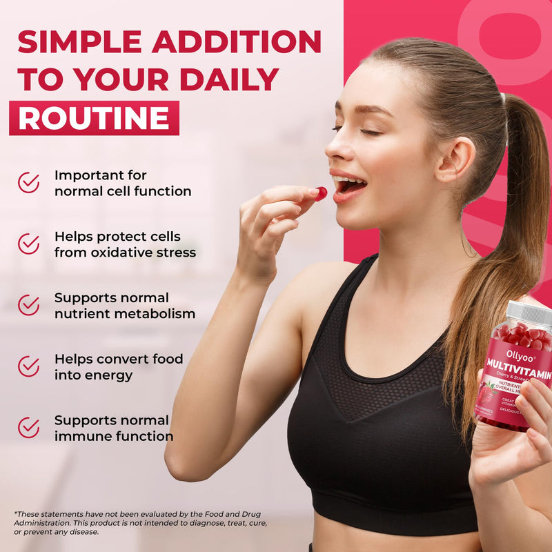 Adult Multivitamin Gummies for Men and Women — Hair, Skin, Nail & Immune Support, Daily Energy Boost — Low Sugar — Cherry & Strawberry Flavor — 60 Count (30-Day Supply)