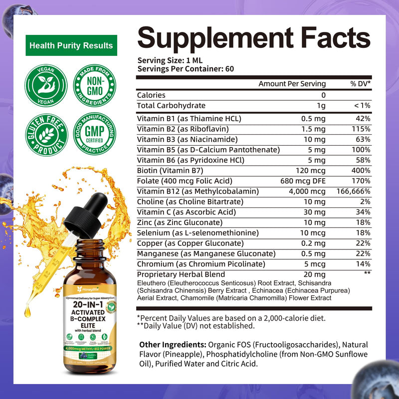 Liquid B Complex with 4000mcg Methylcobalamin B12 – Ultra Absorbable Vitamin B Complex for Energy – Active B1 B2 B3 B5 B6 B12 + Folate – Vegan Friendly (2FL OZ) 2 Bottles 4 Fl Oz (Pack of 1)