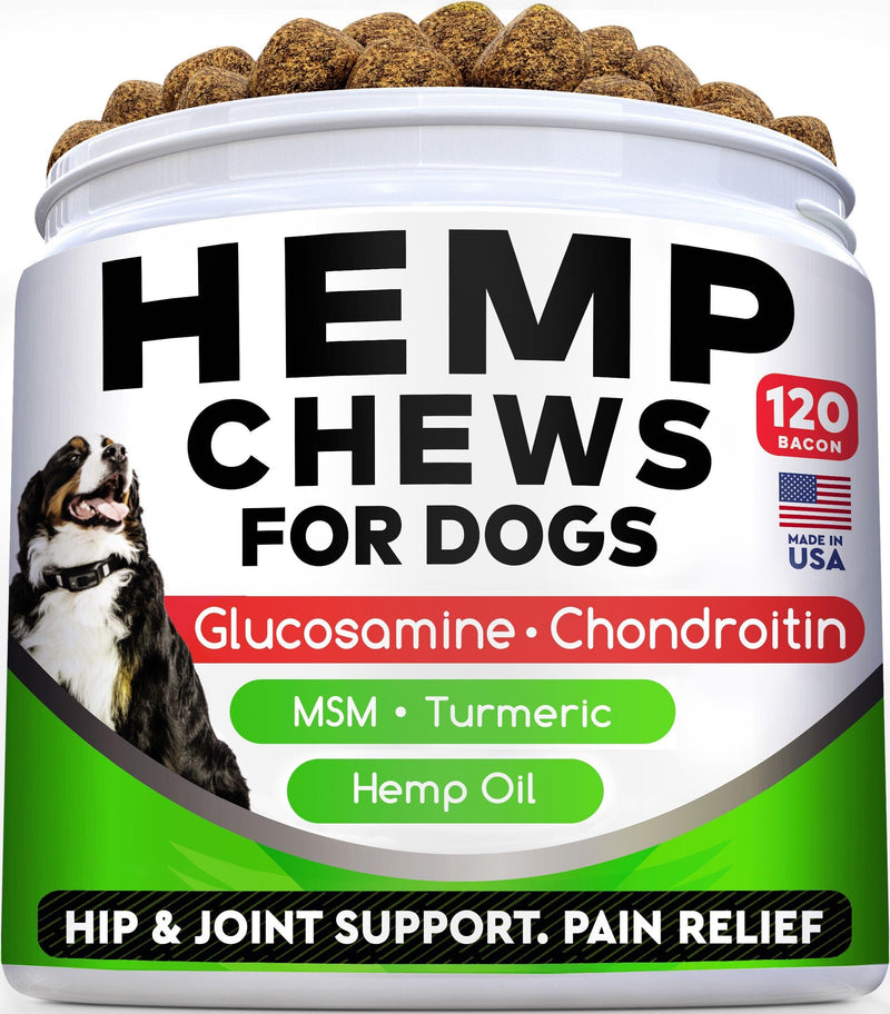 Hemp Chews for Dogs - Glucosamine Chondroitin for Dogs Joint Pain Relief with Hemp Oil, Hip & Joint Supplement Dogs, MSM Turmeric for Dogs Mobility, Dog Joint Supplement, Hemp Dog Treats Joints Health 120 Ct (Bacon) (Hip & Joint) Hemp Chews