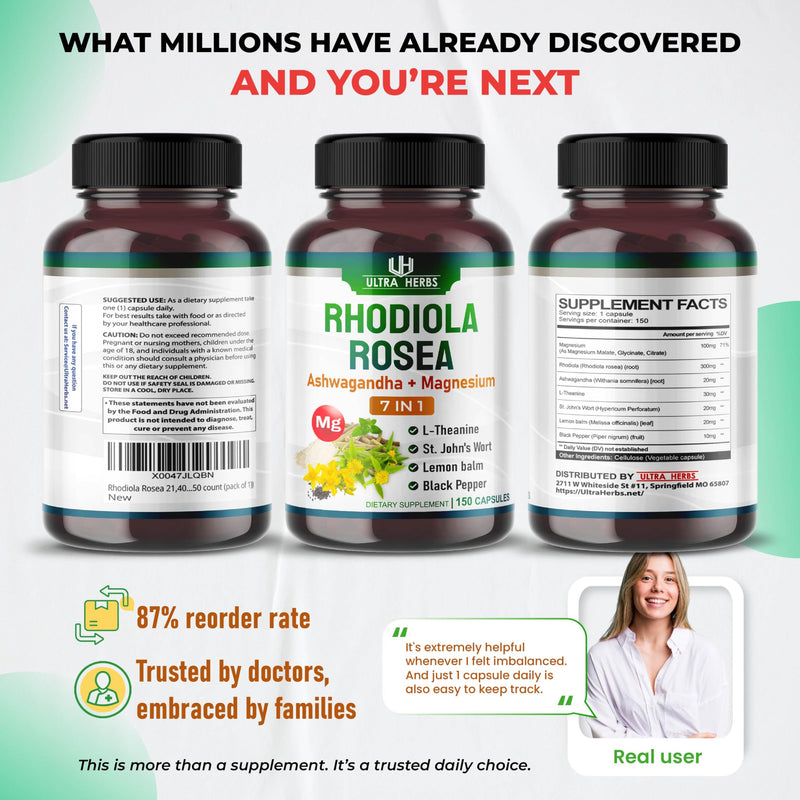 Rhodiola Rosea Supplement Enriched with Ashwagandha, Magnesium, L-Theanine, St. John's Wort, Lemon Balm - Support Mood, Sleeps Quality, and Mental Focus | 150 Capsules 150 count (pack of 1) - BeesActive Australia