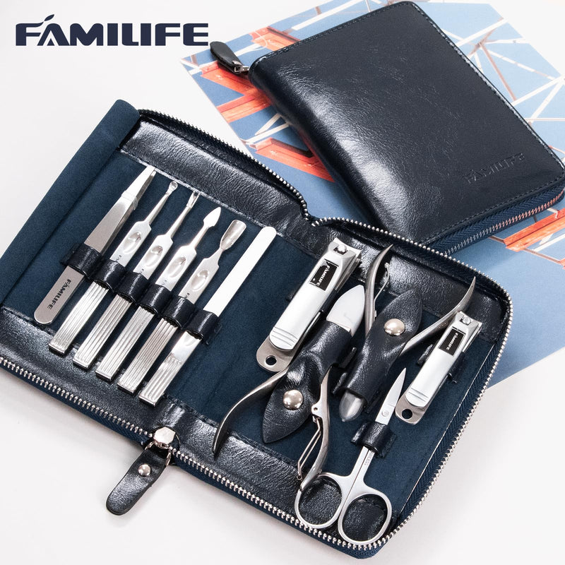 Manicure Kit, FAMILIFE Professional Manicure Set Nail Kit, 11 in 1 Stainless Steel Nail Clippers Set for Men Pedicure Tool, Men Grooming Tool with Portable Blue Leather Travel Case Luxury Gifts Navy Blue