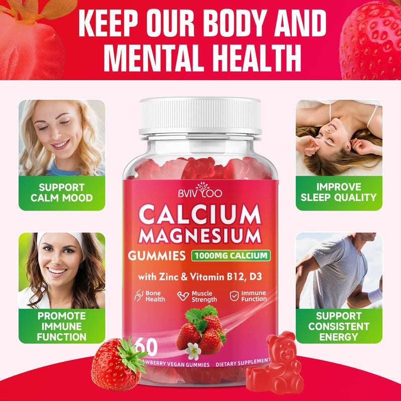 Calcium Gummies 1000mg with Vitamin D3 K2 & B Complex, Potassium, Calcium Magnesium Zinc Gummies for Bone, Muscle, Mood and Immunity - Vegan, Non-GMO, Strawberry Flavor 120 Count 2 Pack (120 Count)