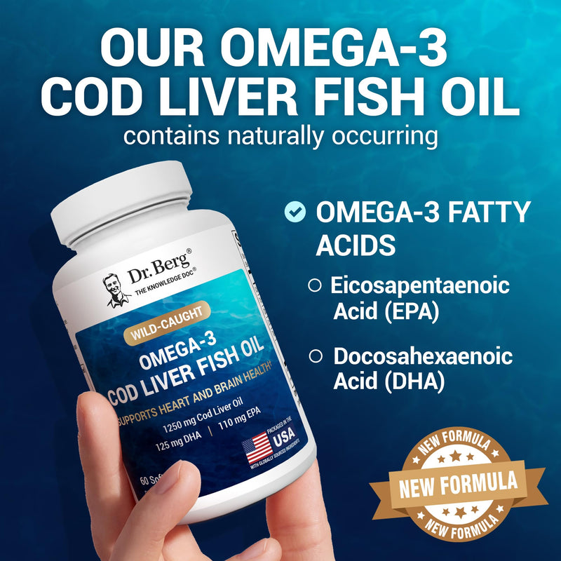 Dr. Berg Maximum Strength Omega-3 Cod Liver Fish Oil (1250 mg) from Wild-Caught Cod - Lemon-Flavored Omega-3 Fish Oil for Women & Men - EPA DHA Supplement ‚Äì 60 Softgels