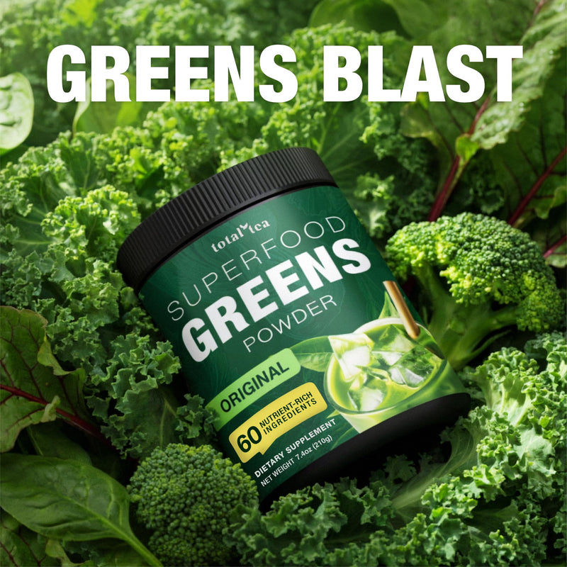 Total Tea Super Greens Powder Original Spirulina Chlorella Vegan Superfood | 21 Servings Fruits Vegetables Vitamins Antioxidant Energy Green Drink Powder for Smoothies Unflavoured