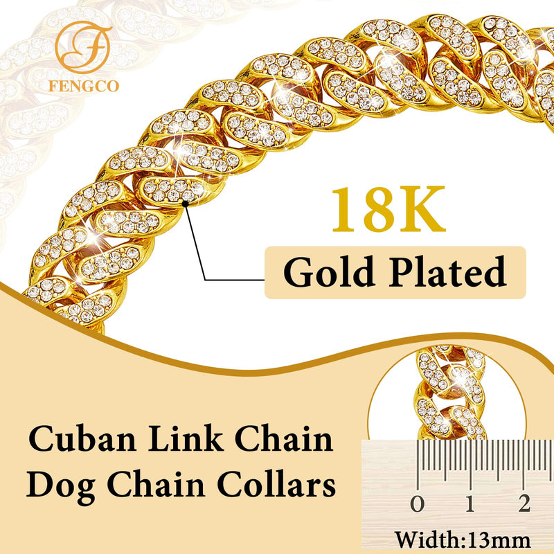 Gold Dog Chain Collar Diamond Cuban Link Dog Collar 13mm Wide Dog Necklace Metal Cat Chain Pet Crystal Collar Jewelry Accessories for Small Medium Large Dogs Cats(10inch) 10inch Gold - BeesActive Australia