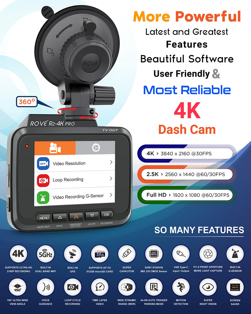 ROVE R2-4K PRO Dash Cam, Built-in GPS, 5G WiFi Dash Camera for Cars, 2160P UHD 30fps Dashcam with APP, 2.4" IPS Screen, Night Vision, WDR, 150° Wide Angle, 24-Hr Parking Mode, Supports 512GB Max - BeesActive Australia