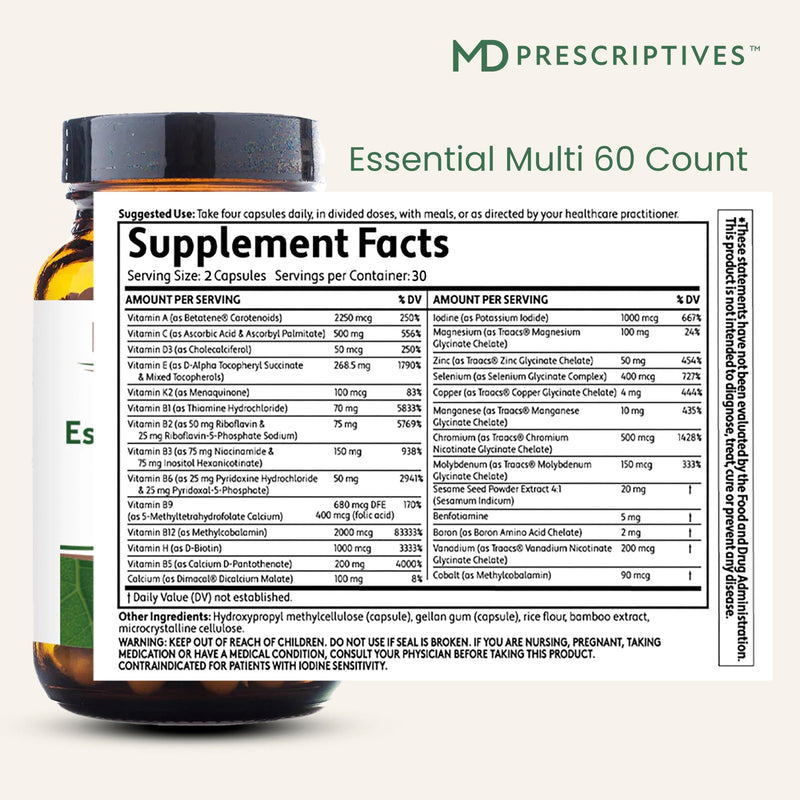 MD Prescriptives - Essential Multi (Delayed Release) - Multivitamin Mineral Complex Supplement for Enhanced Hormone Support - 60 Capsules 60 Count (Pack of 1)