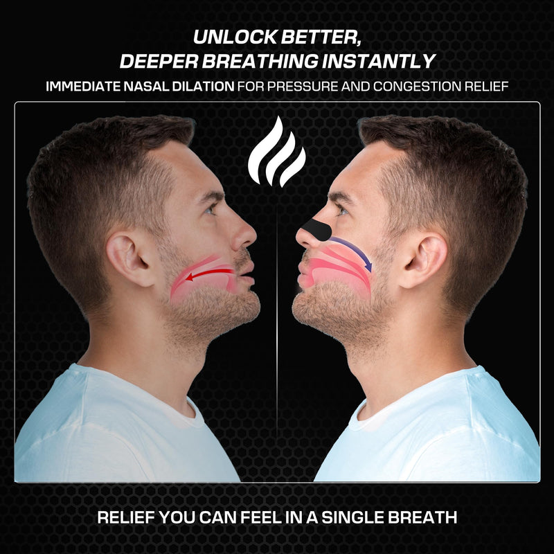 Performance Nose Strips for Breathing (60 Count) - Oil & Sweat Proof Adhesive - Athletic Nasal Strips for Snoring & Sleeping - Black, Wide Body, Universal Fit, Extra Strength Wide Black