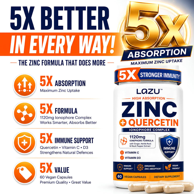 Lazu Zinc Supplements 5X Stronger Immunity, Quercetin, VIT C & D3, 60 Count | Advanced zinc supplement with quercetin, vitamin C and vitamin D3 to support daily immune health and wellness.