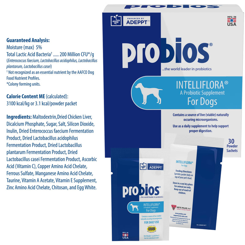 Probios Intelliflora for Dogs, Daily Probiotic Powder with Prebiotics, 200 Million CFU/g, Supports Gut Health Digestion and Immune Health, Chicken Liver, 30 Sachets (Pack of 2) 30 Count (Pack of 2)