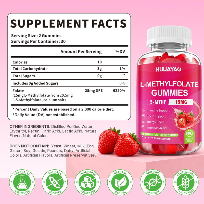 L-Methylfolate 15 mg Gummies, Methylfolate Supplement, Folate 5-MTHF Supplement for Support Mood, Brain Health, Immune System, Sugar Free, Strawberry Flavor, 60 Count 60 Count (Pack of 1)