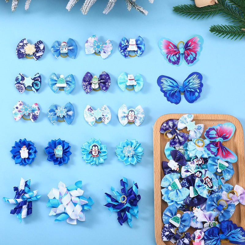 52 Pcs Winter Dog Bows Grooming Bulk with Rubber Bands Winter Snowflake Snowman Christmas Hat Accessories Winter Pet Grooming Bows Holiday Party Cute Puppy Cat Bows Pet Hair Accessories - BeesActive Australia
