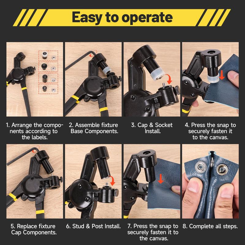 Heavy Duty Snap Fastener Tool, Upgraded Version Snap Button Tool Includes 30 Sets 15mm Snap Button Kit for Boat Cover, Repairing Boat Covers, Canvas, Sewing Tarps(Yellow) Black-Yellow