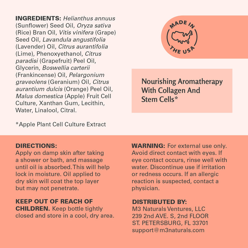 Frankincense Essential Massage Oil for Scars, Stretch Marks & Fine Lines, Firming, Hydrating, Smoothing & Calming Formula with Collagen, Stem Cells, Lavender & Grapefruit, 8 fl oz, by M3 Frankincense Massage Oil 8 fl oz